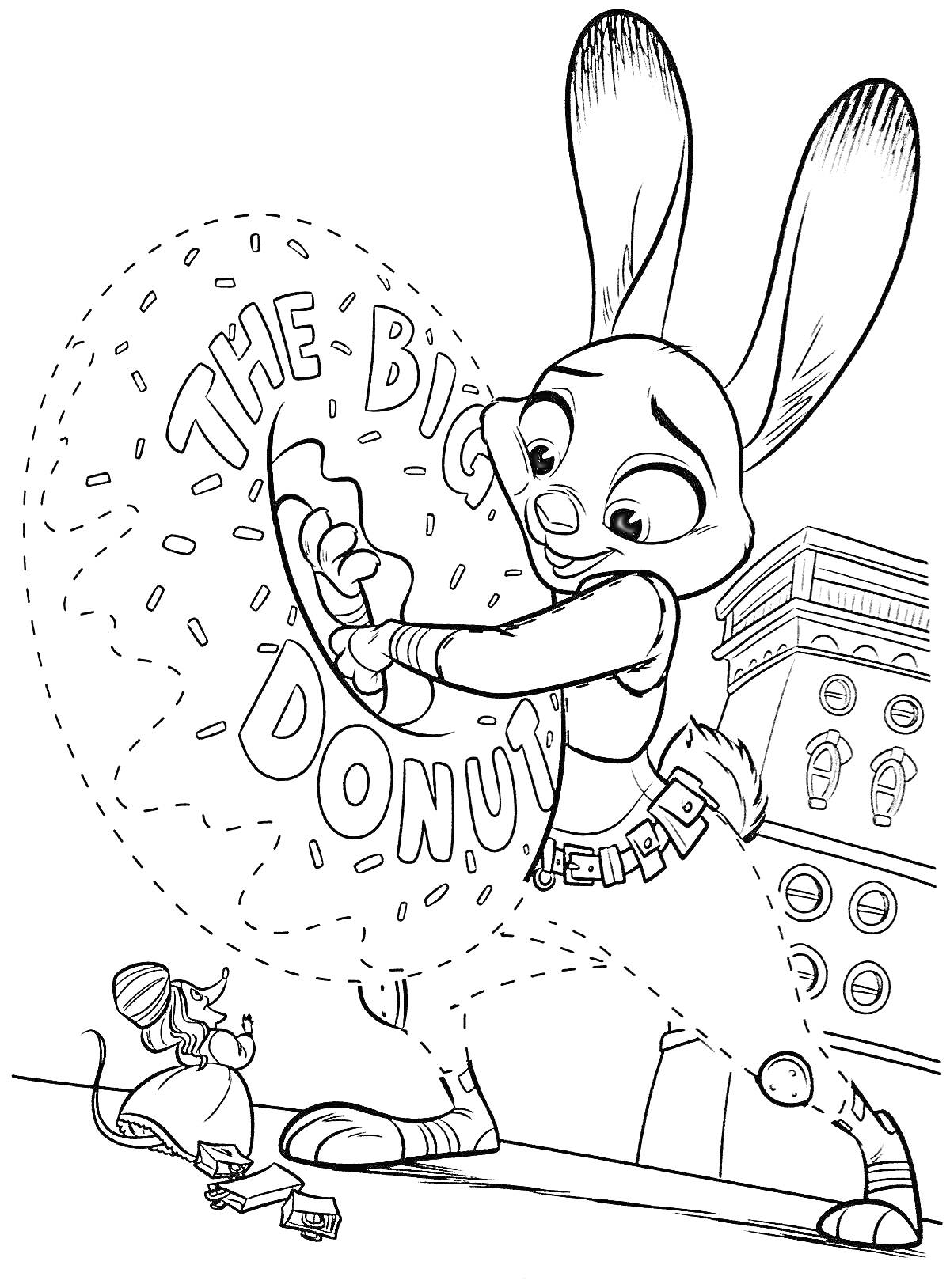 Раскраска Джуди Хоппс держит гигантский пончик, маленькая мышь, еда, городская сцена
