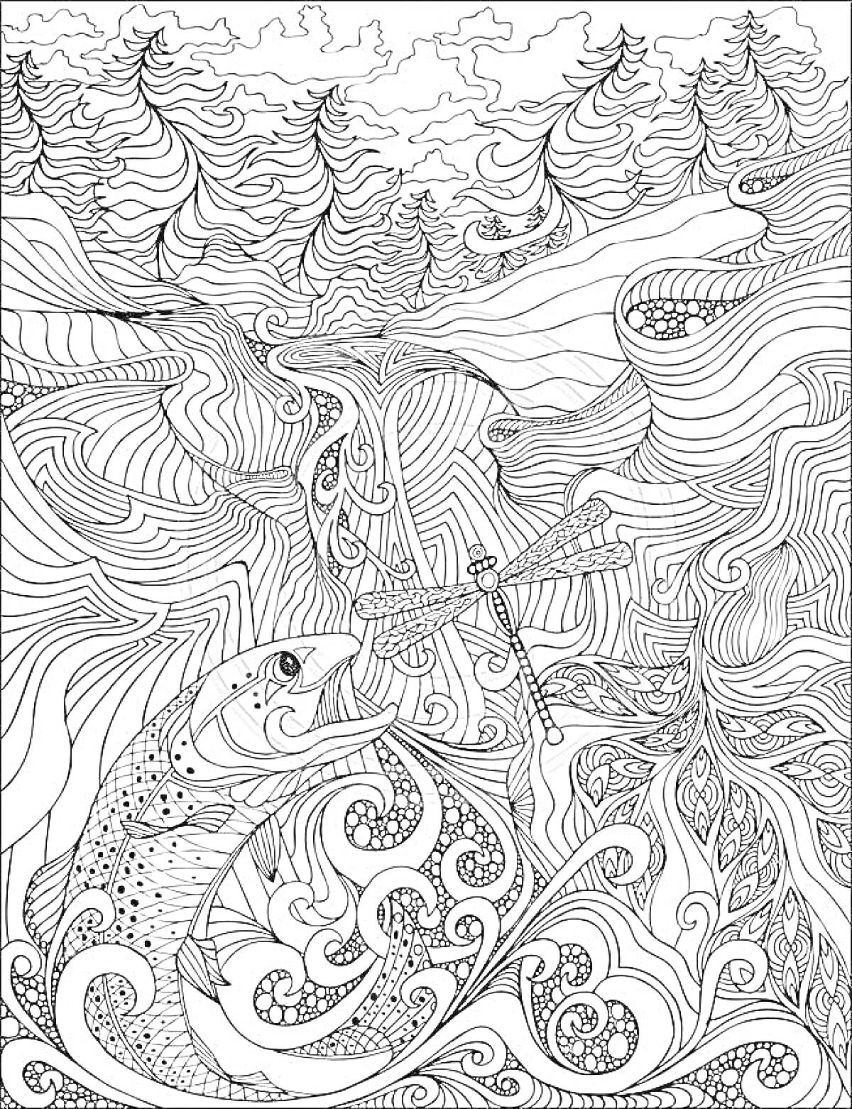 На раскраске изображено: Рыба, Волны, Лес, Деревья, Небо, Облака, Природа, Стрекозы