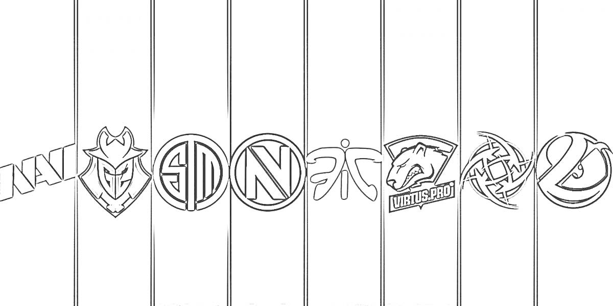 Раскраска Логотипы киберспортивных команд G2 Esports, TSM, Team EnVyUs, Fnatic, Virtus.pro, и Natus Vincere