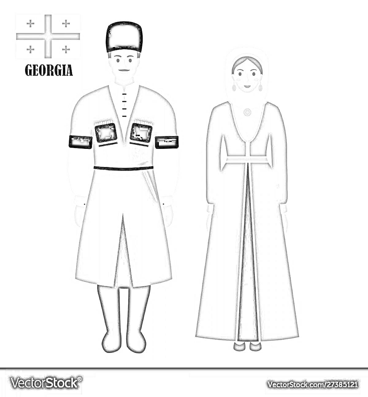 Раскраска Мужчина и женщина в черкесских костюмах с флагом Грузии
