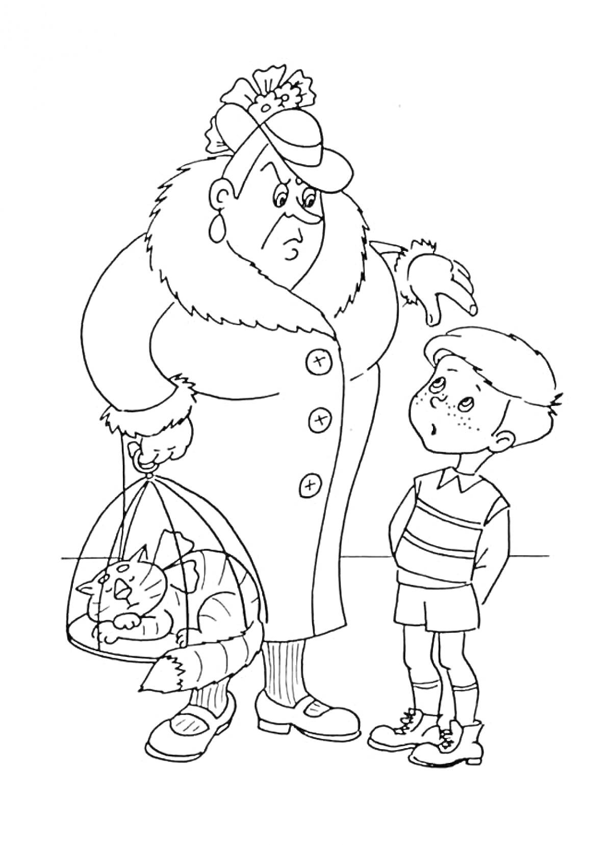 Пожилая женщина в шляпе и пальто держит корзину с кошкой, рядом стоит мальчик в полосатой футболке и шортах