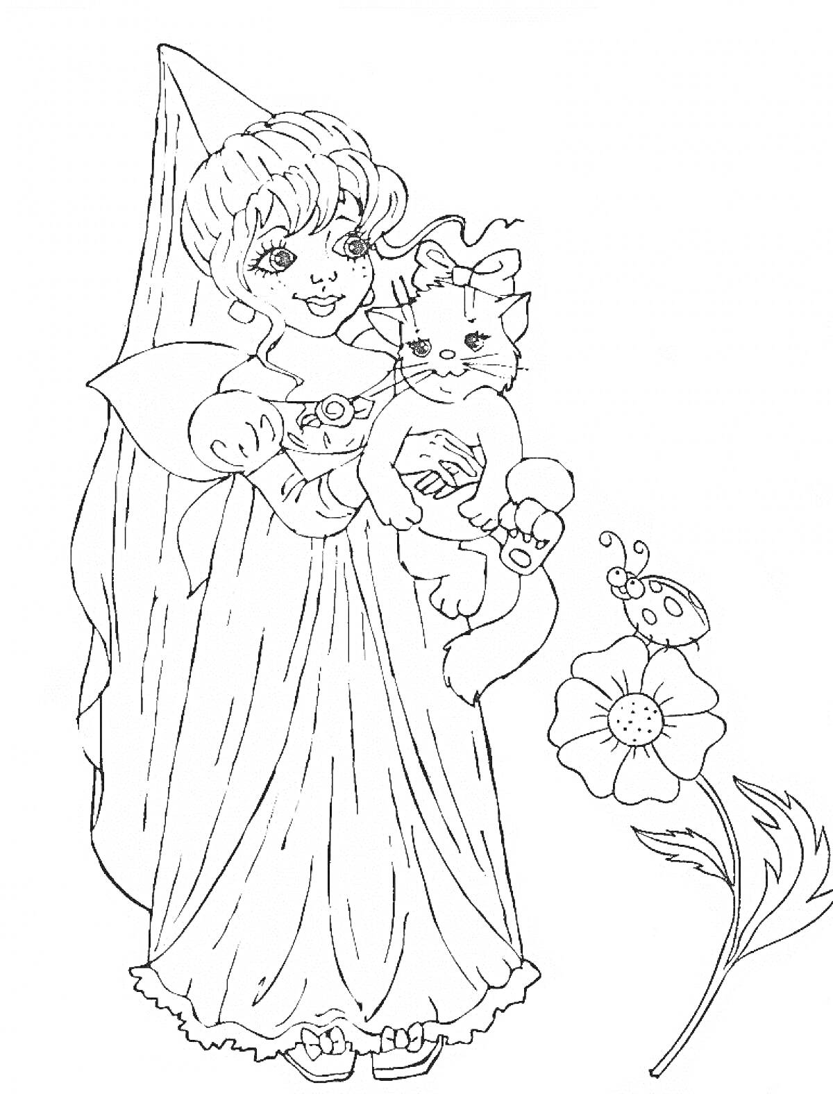 Раскраска Волшебница с кошкой, цветок и божья коровка