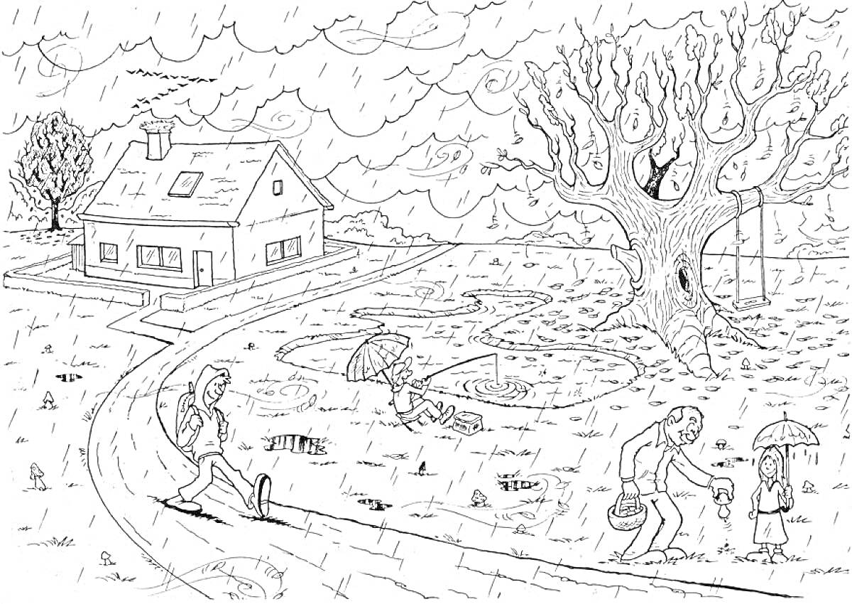 На раскраске изображено: Осень, Дом, Листья, Ветер, Качели, Деревья, Корзина, Человек, Дороги, Зонт