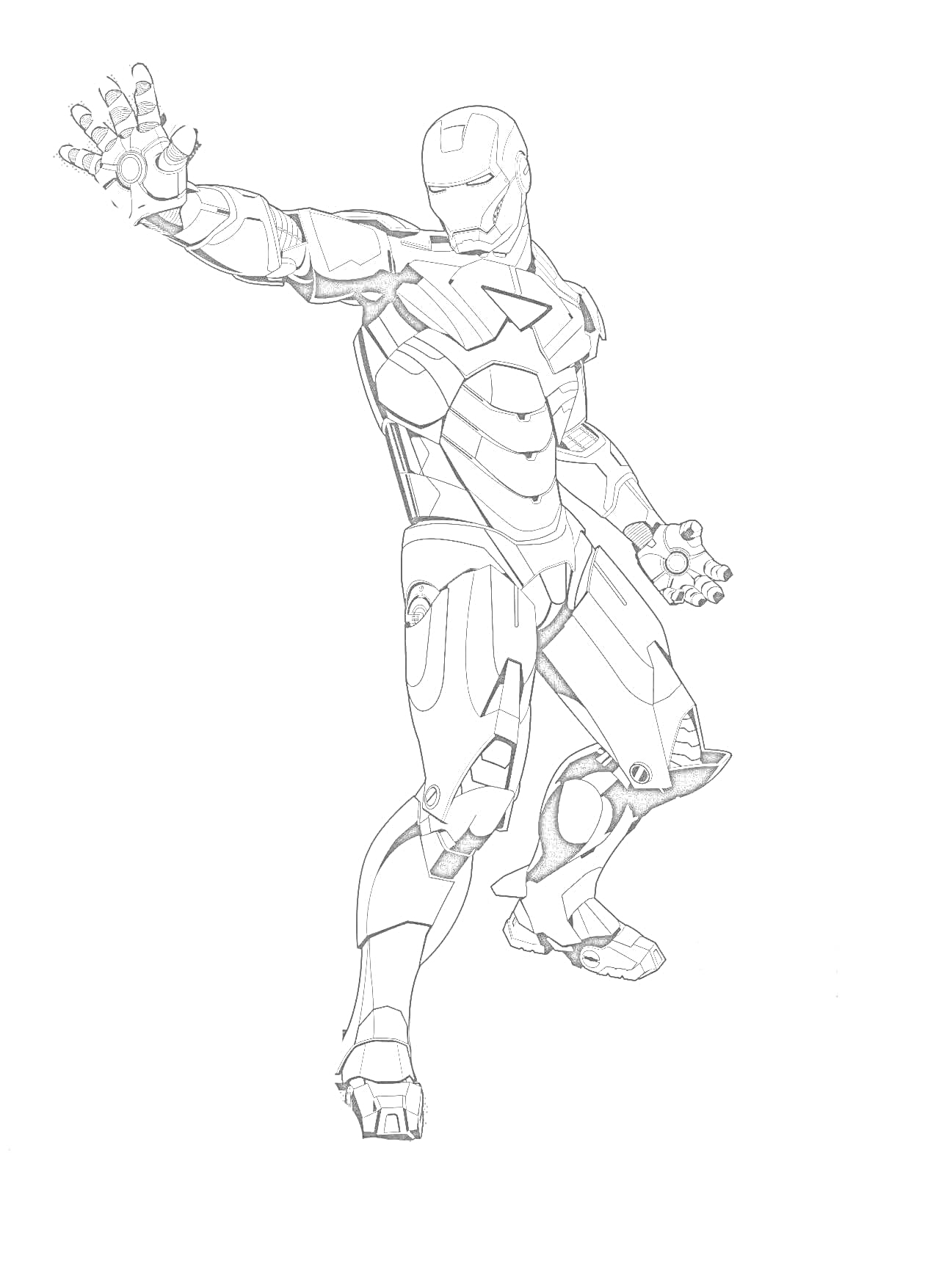Раскраска Железный человек в боевой стойке с поднятой рукой