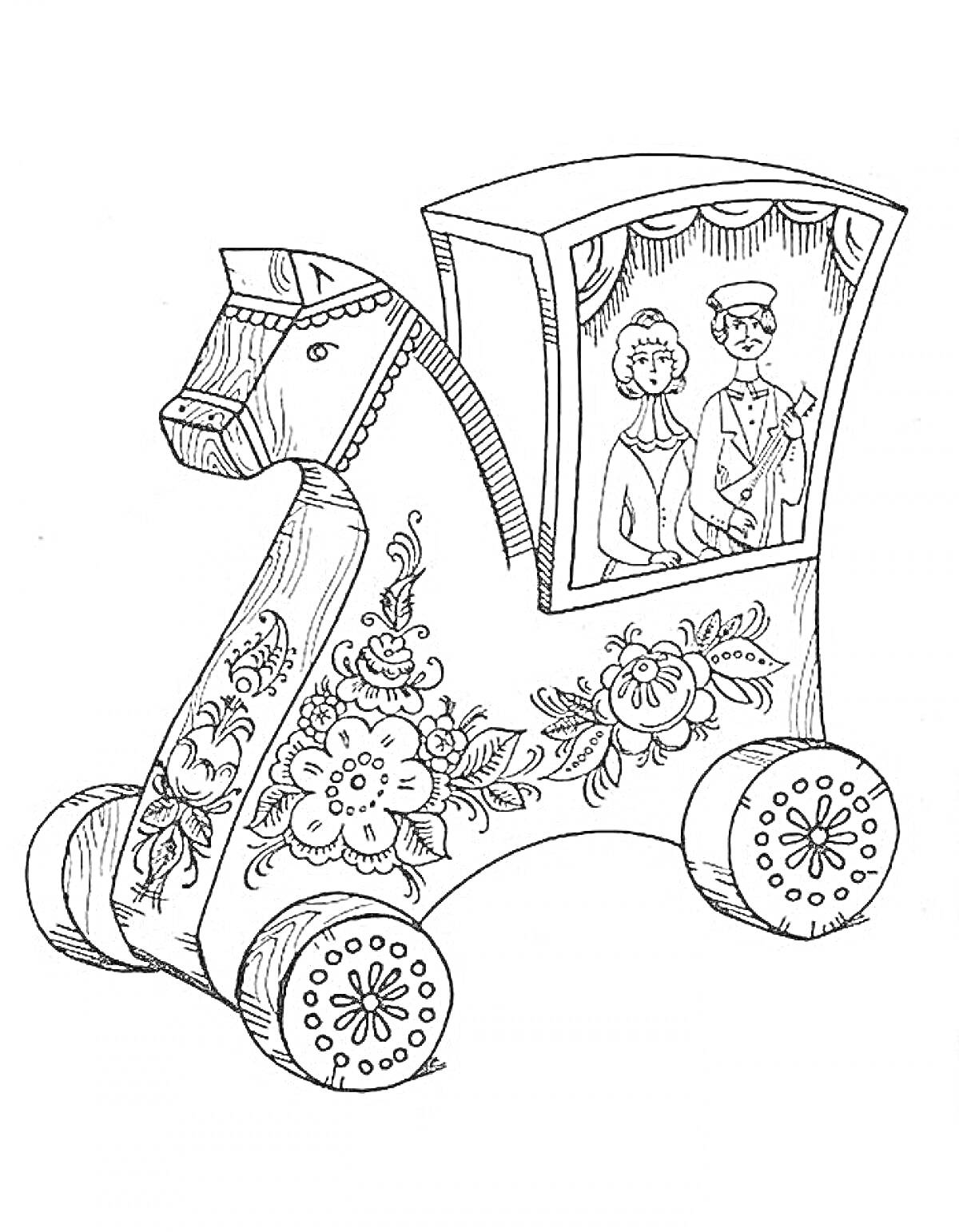 Раскраска Лошадка с экипажем, украшенная городецким рисунком с цветами и пассажирами