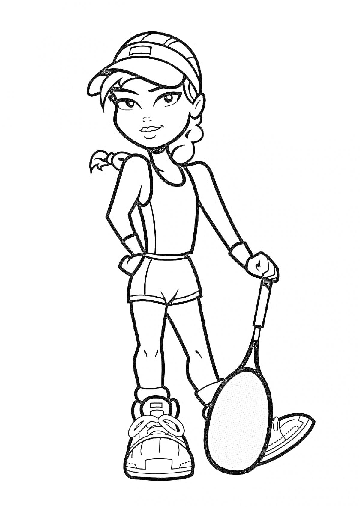 Раскраска Девочка с теннисной ракеткой в кепке и шортах