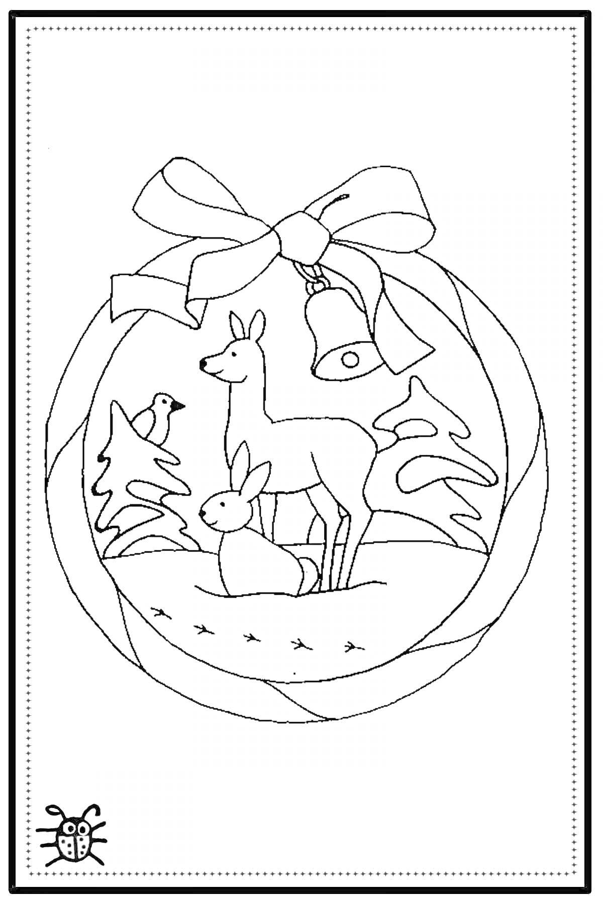 Раскраска Новогодняя игрушка с оленем, зайцем, птицей и колокольчиком