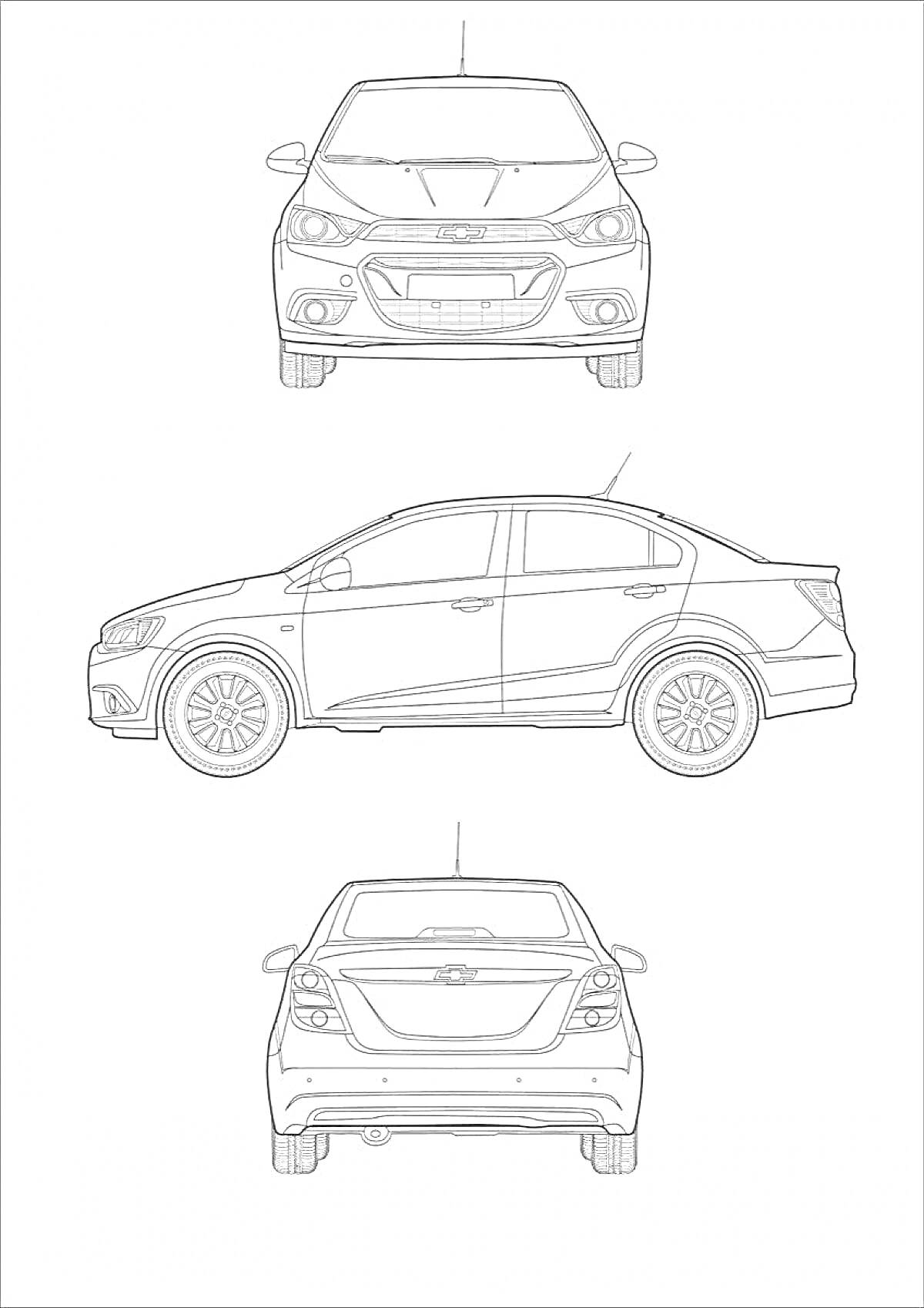 РаскраскаШевроле Авео вид спереди, сбоку и сзади с деталями внешнего дизайна