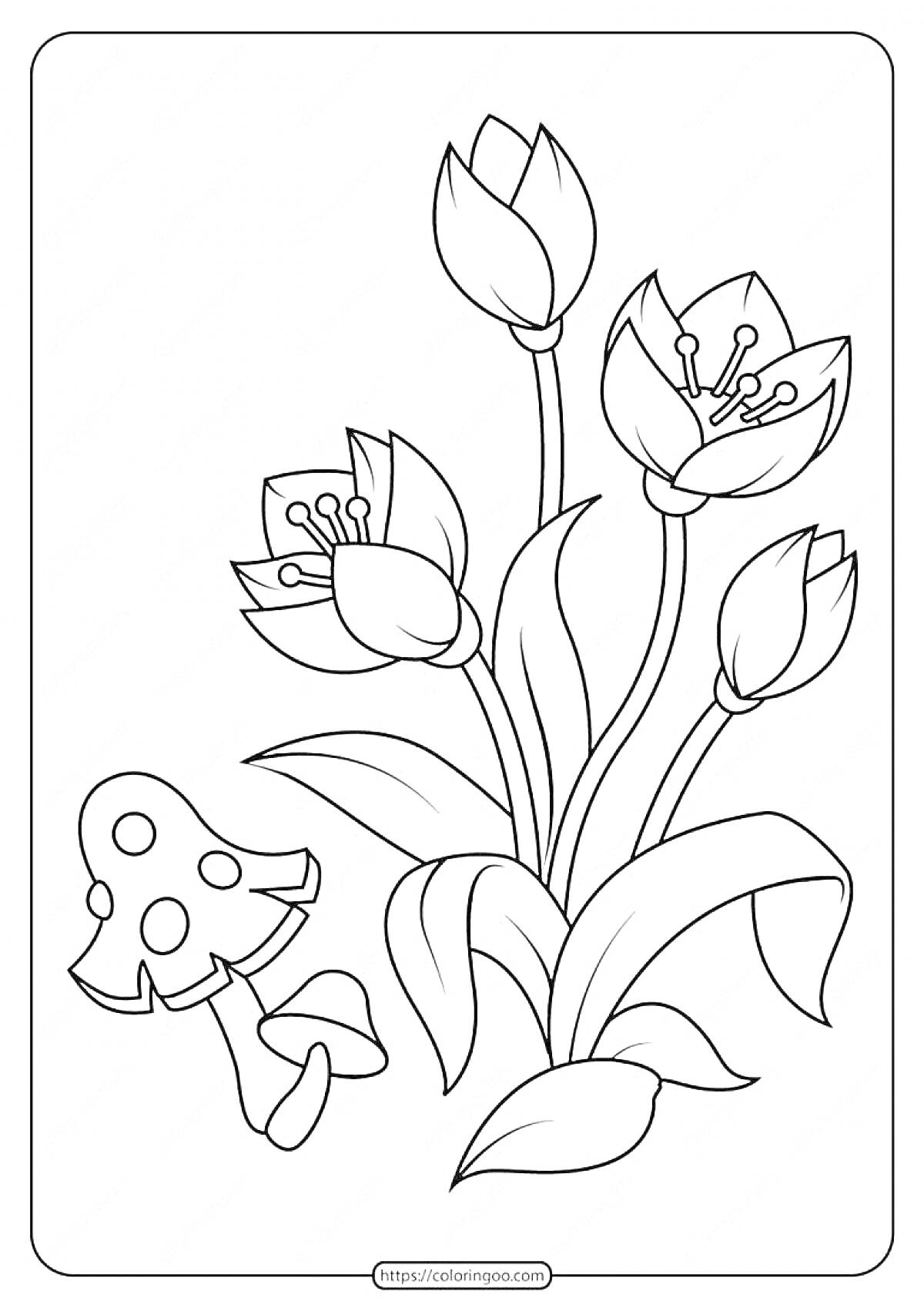 На раскраске изображено: Для детей, Цветы, Тюльпаны, Природа, Листья, Грибы