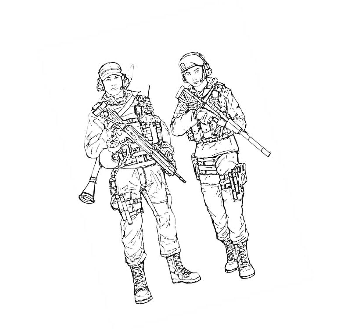 Раскраска Два бойца спецназа в экипировке с оружием и снаряжением