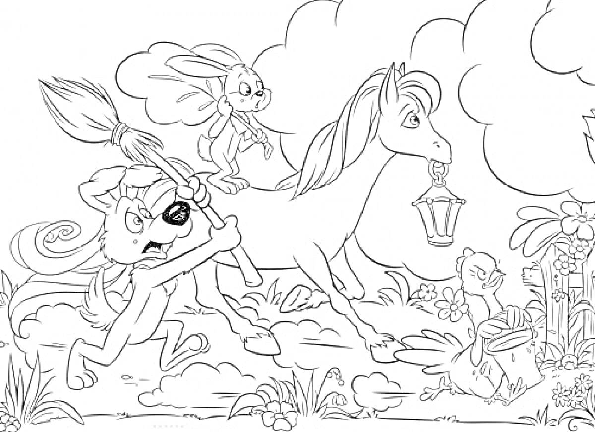 Раскраска Лиса с метлой, кролик на лошади с фонарем и птенец с ящиком у кошкиного дома на фоне природы