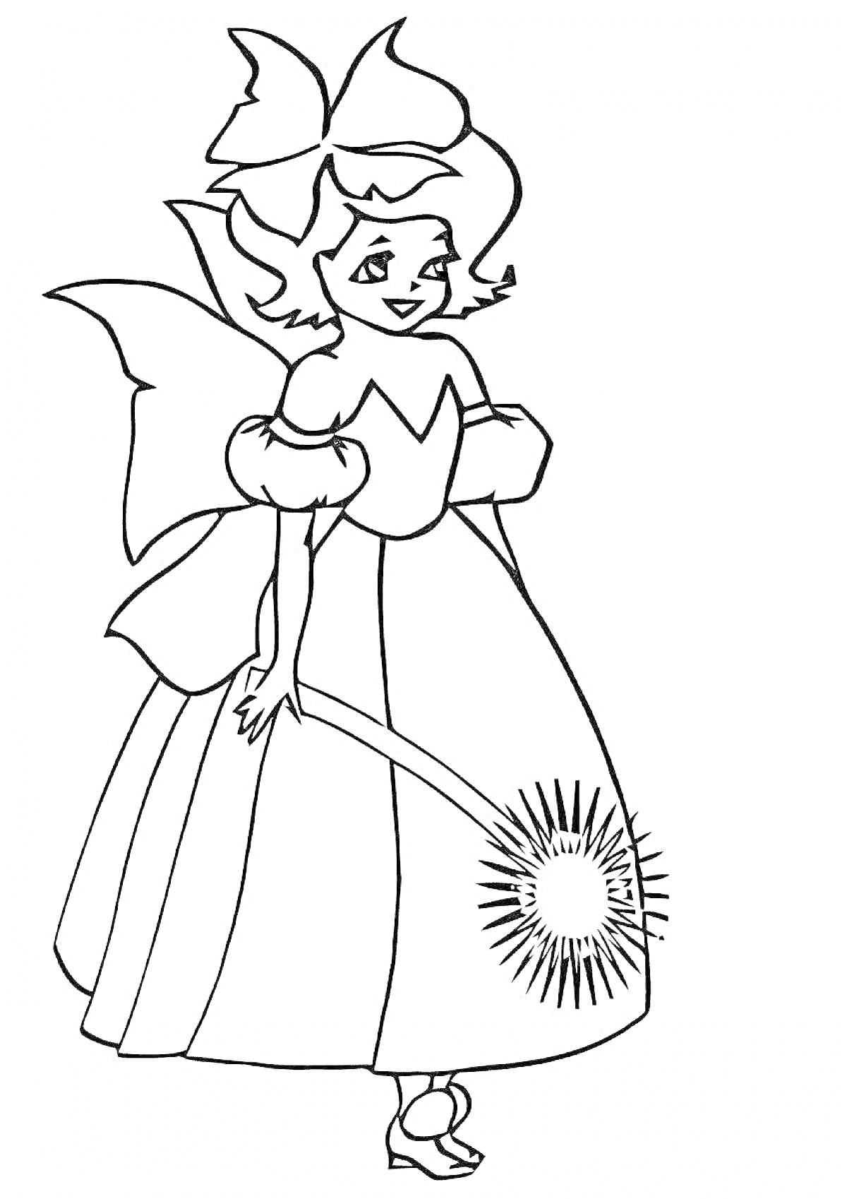Раскраска Волшебница с крыльями, в длинном платье, с волшебной палочкой