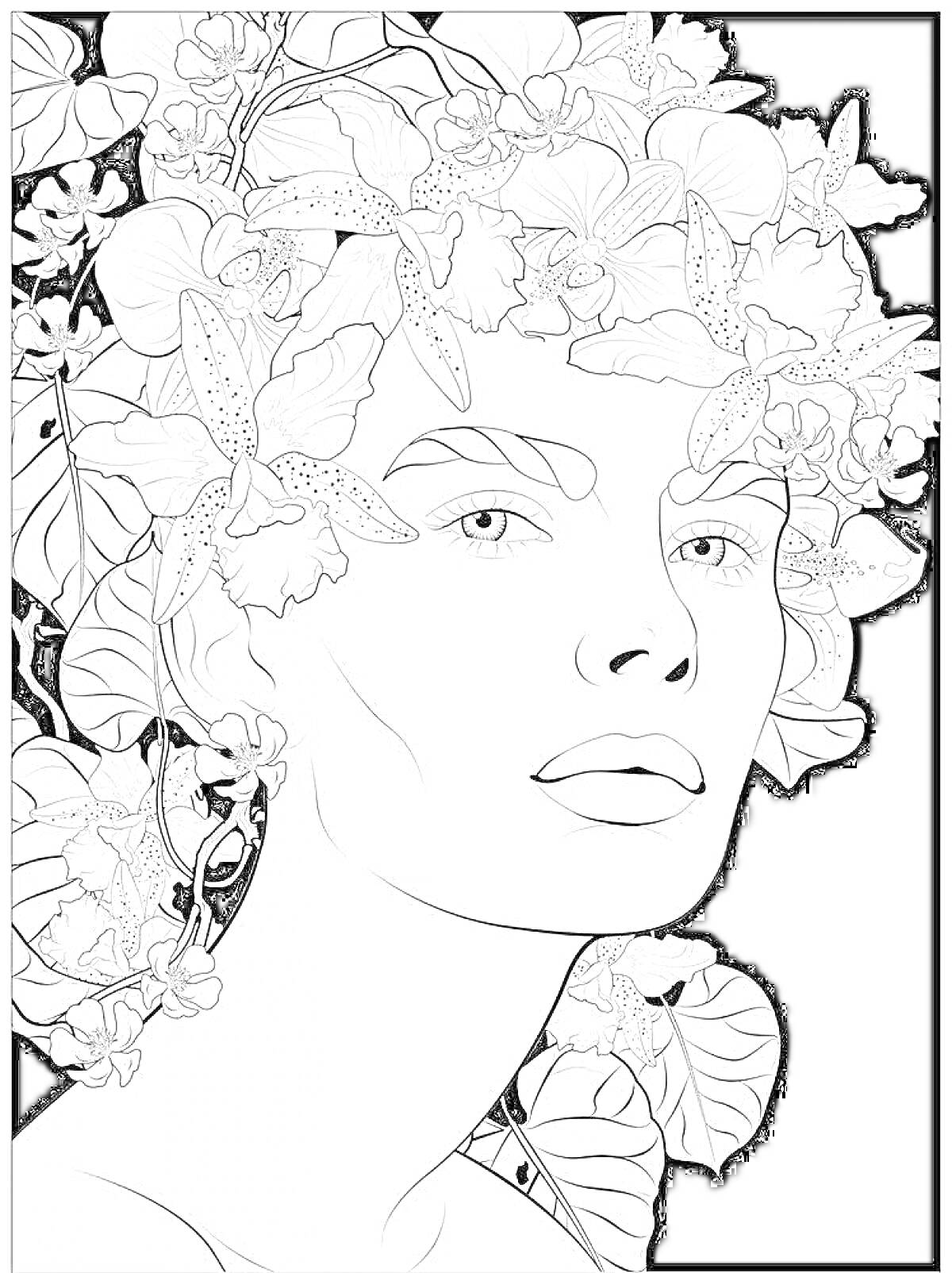 Раскраска Женский портрет с цветами в волосах и листьями
