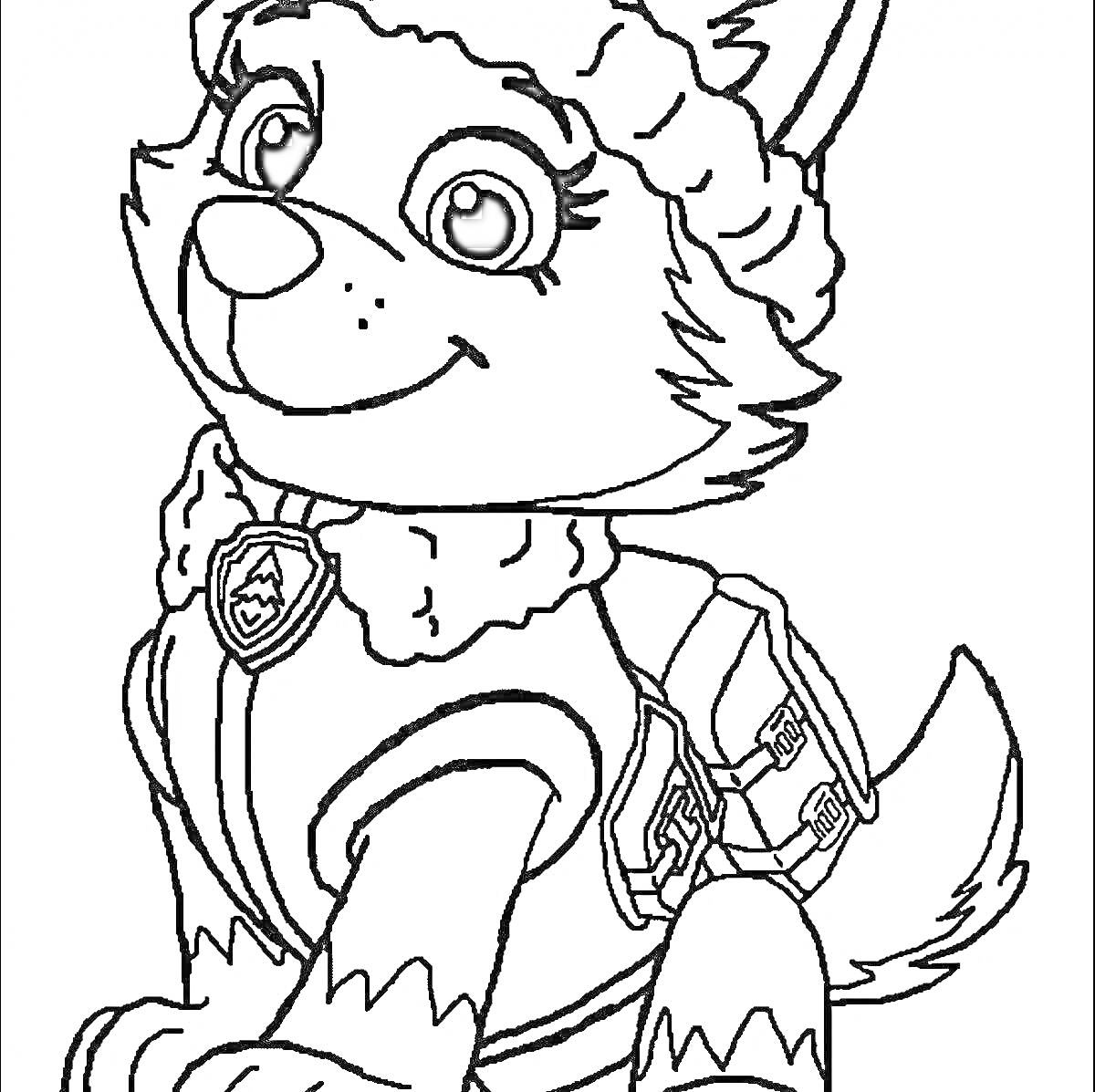 На раскраске изображено: Собака, Пушистый хвост, Зимняя шапка, Рюкзак, Приключения