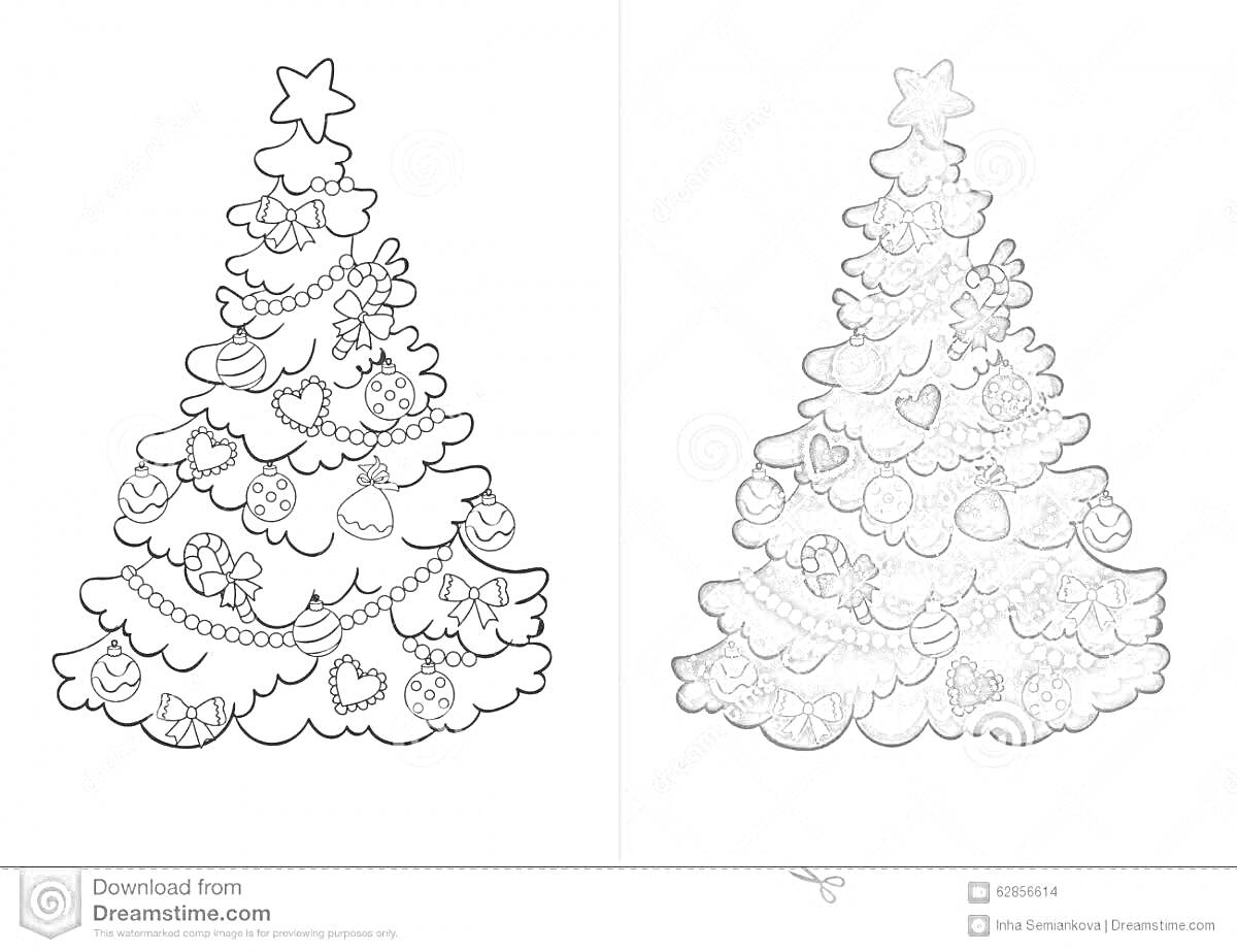 Раскраска елка с украшениями в виде шаров, звездочек и гирлянд