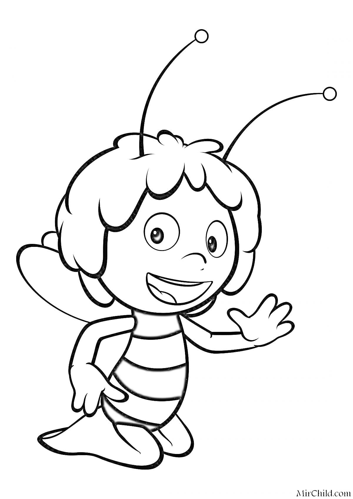 Раскраска Пчелка с большими глазами и антеннами на голове, машущая рукой