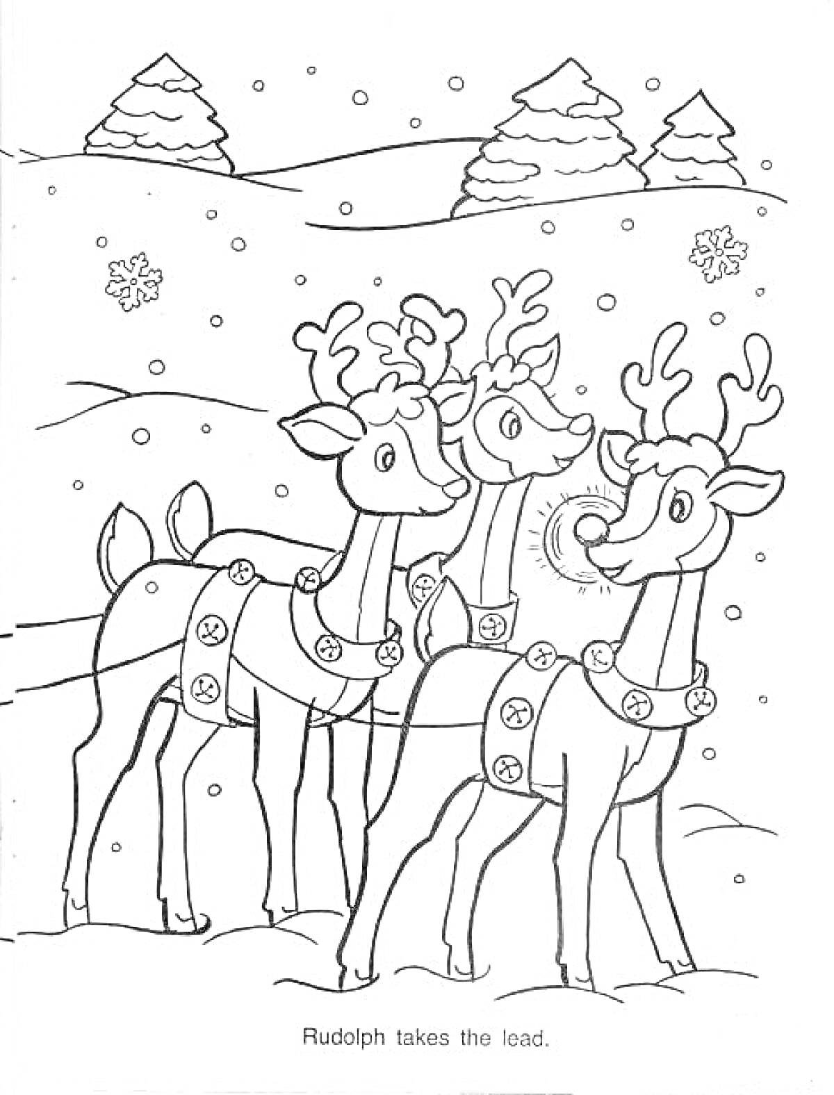 Раскраска Олени на переднем плане с Рудольфом, деревья на заднем плане, снег на земле и в воздухе