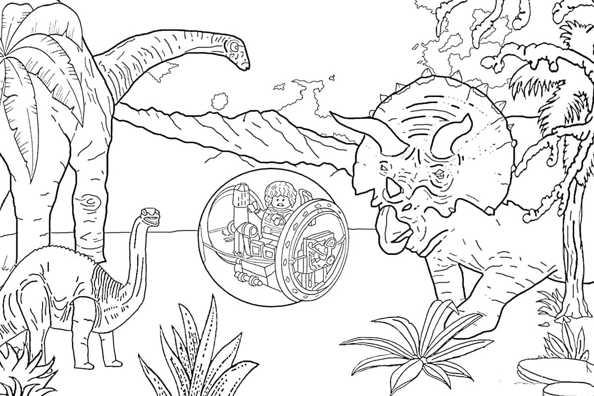 Динозавры в мире юрского периода с человеком в гигантском зорбе, деревьями и растениями