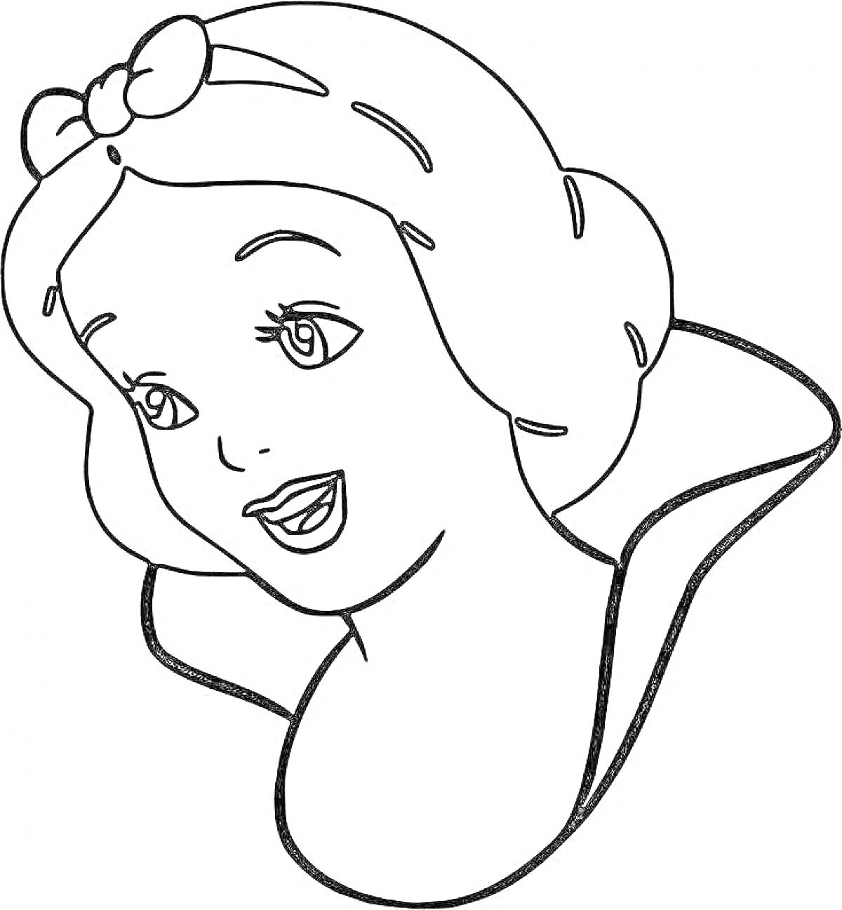 На раскраске изображено: Девочка, Голова, Волосы, Бант, Воротник, Контурные рисунки