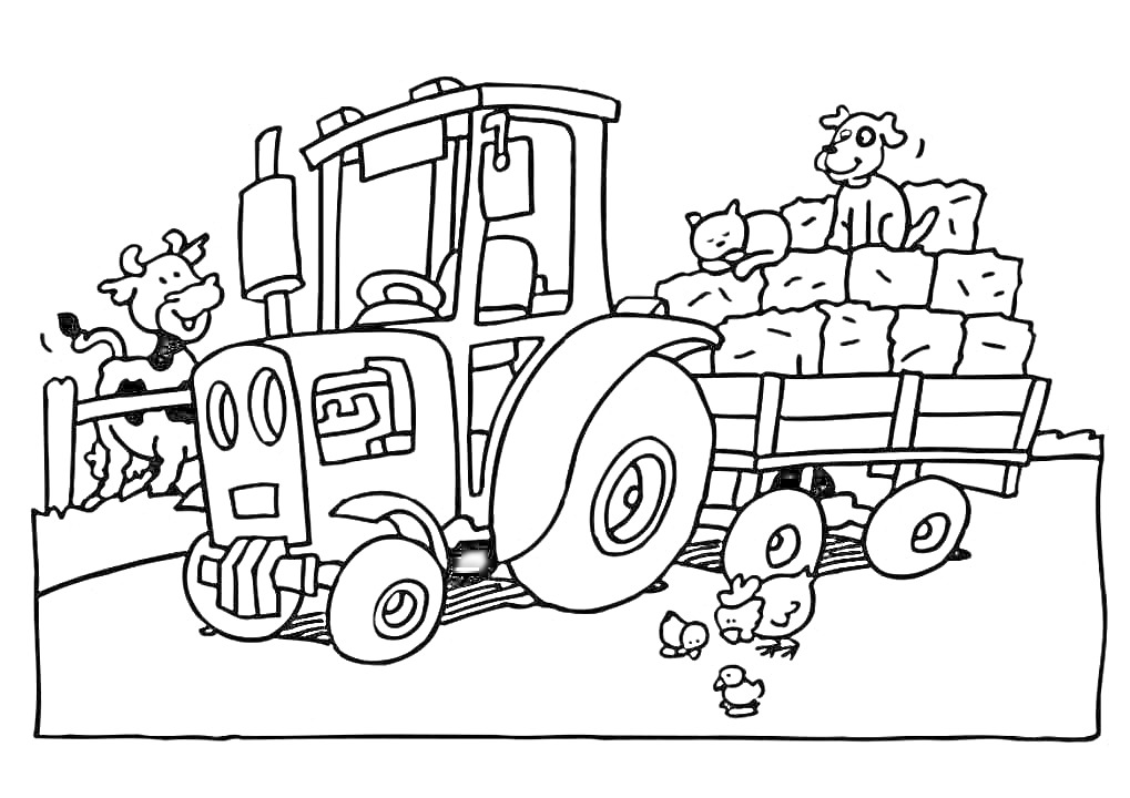 Раскраска Трактор на ферме с прицепом и животными (коровы, курица с цыплятами, кот, собака)