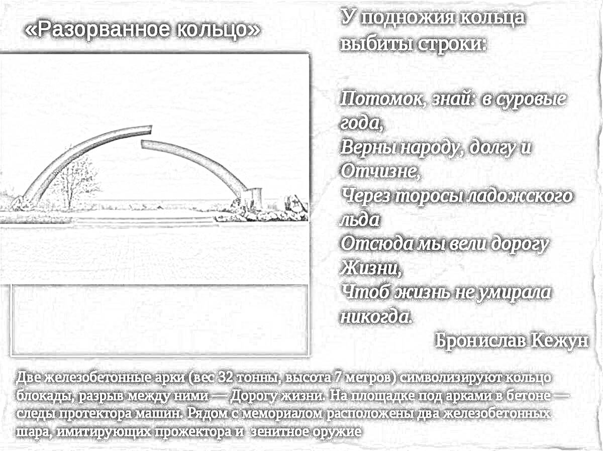 Разорванное кольцо, арка, поэтические строки, описательный текст, елка, венок, бетонные колонны, табличка с объяснением