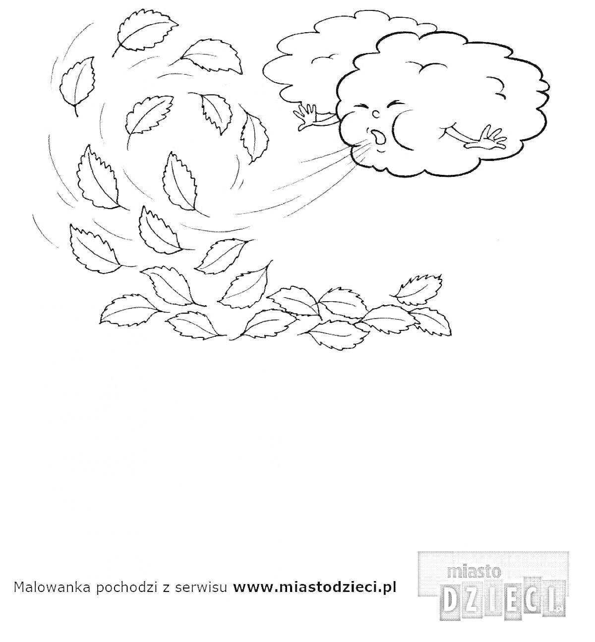 На раскраске изображено: Ветер, Листья, Осень, Природа