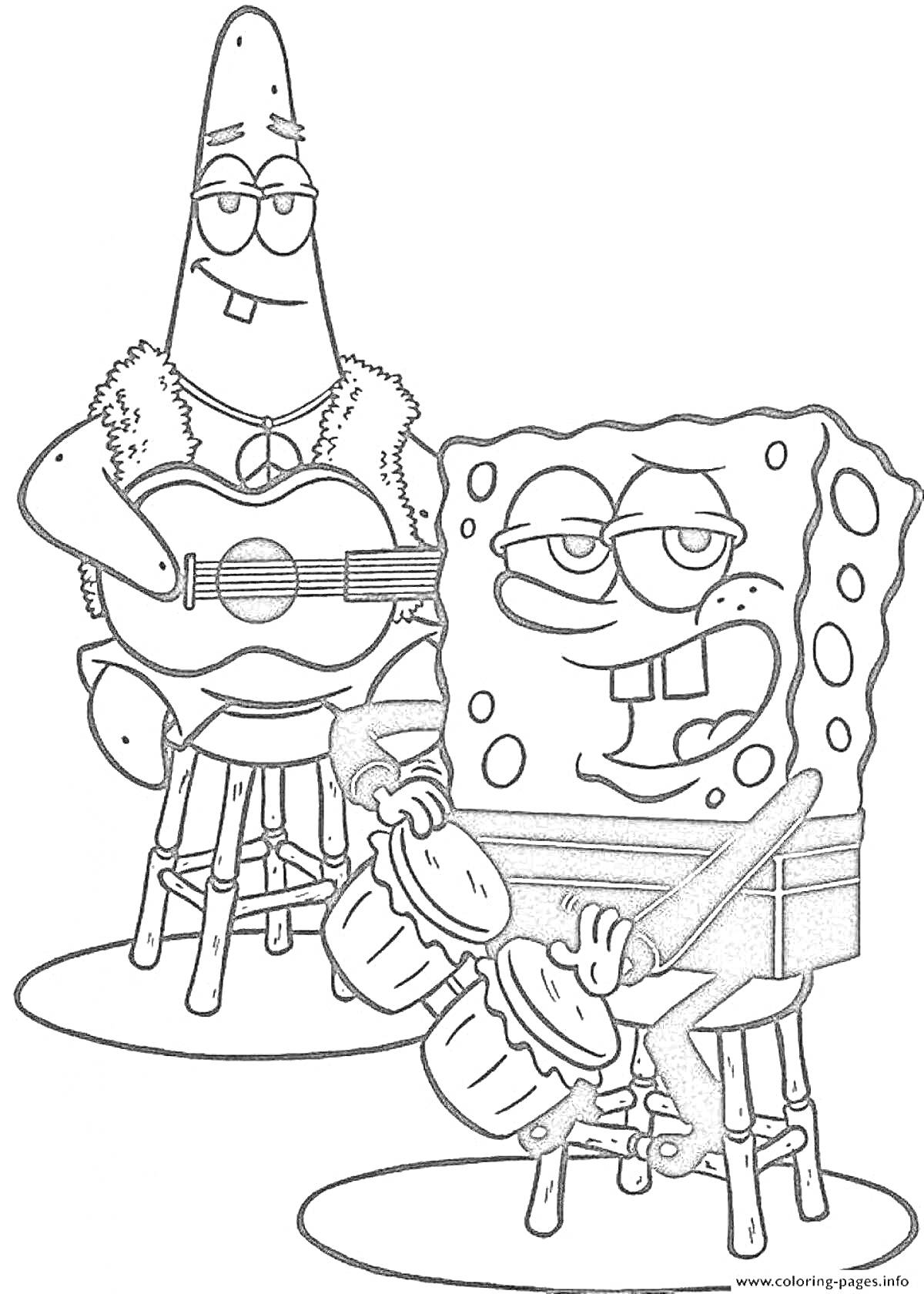 На раскраске изображено: Спанч Боб, Патрик, Гитара, Музыкальные инструменты