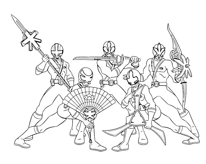 Раскраска Самураи с оружием: копье, веер, мечи и лук