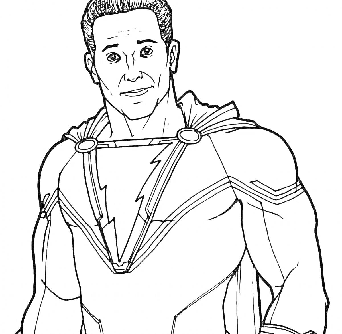 Раскраска Супергерой Шазам в костюме с молнией на груди и плащом