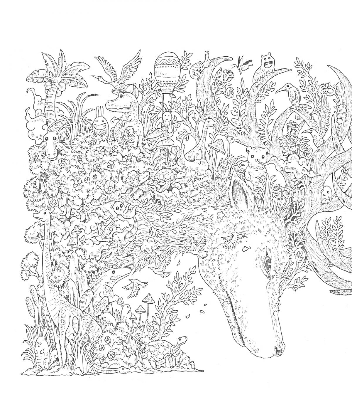 Лесная голова оленя с окружающим его природным миром, включая деревья, птиц, цветы, грибы, траву, бабочек и других лесных существ