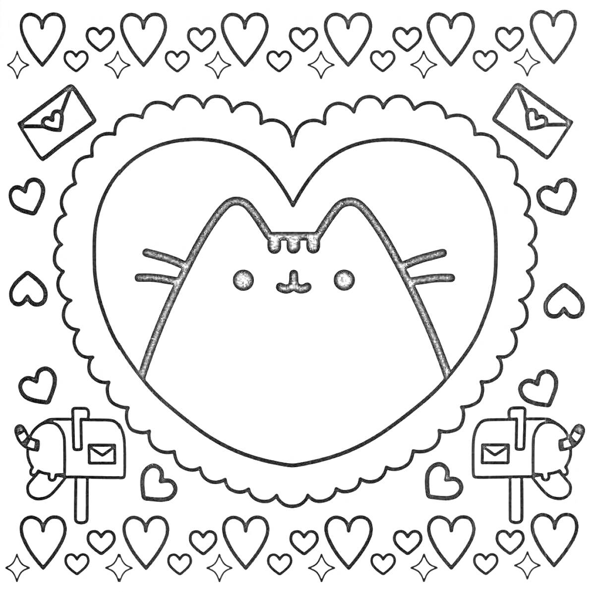 Раскраска Картон Кэт в сердце с конвертами, почтовыми ящиками и сердечками