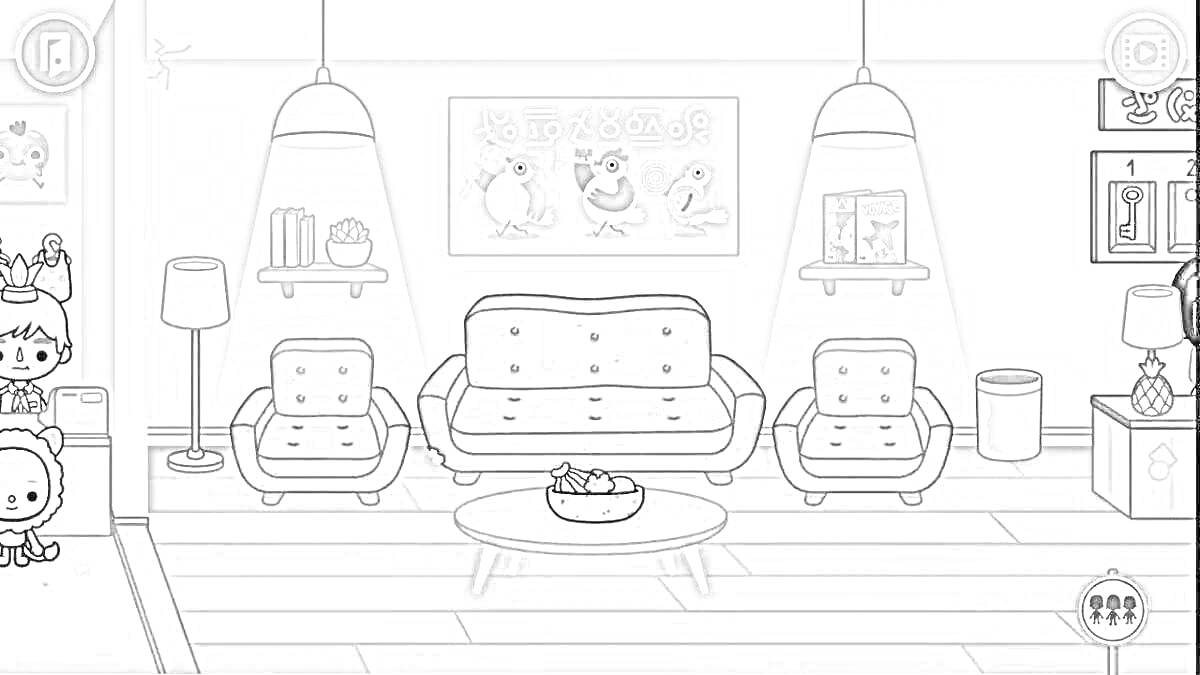 Раскраска Гостиная с диваном, двумя креслами, журнальным столиком и освещением