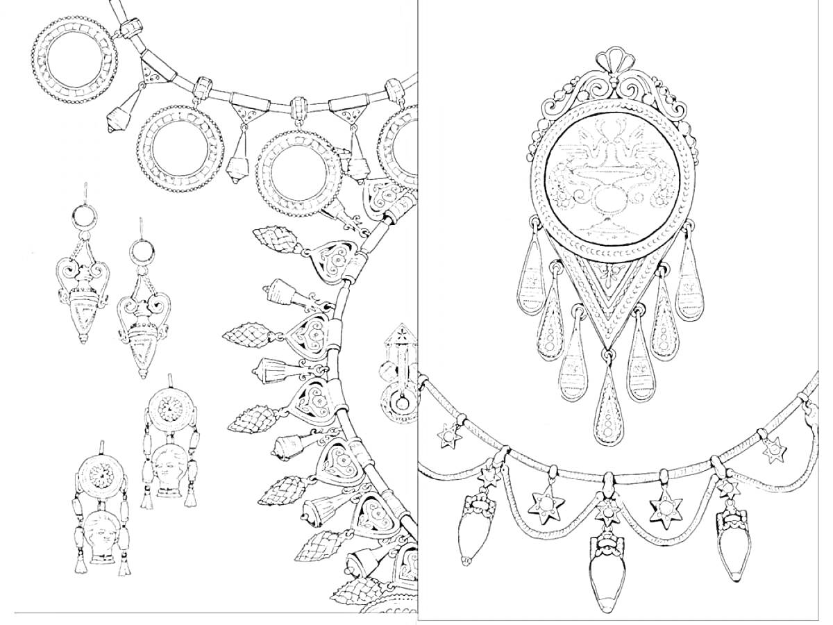 Разнообразные украшения: серьги и ожерелья со звездами, кругами и каплевидными подвесками