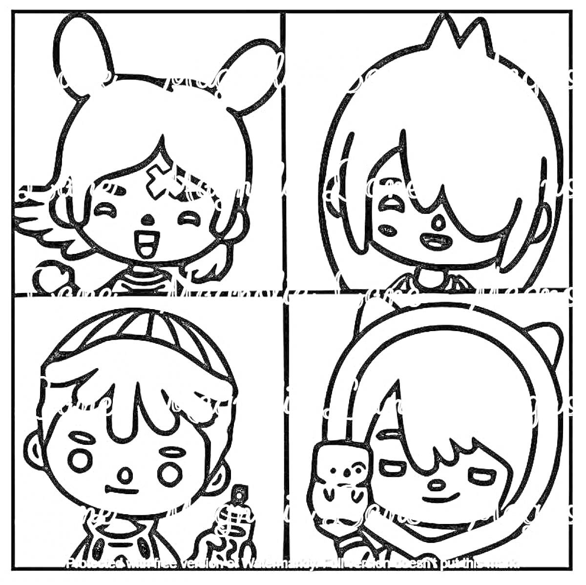 Раскраска Четыре персонажа Тока Бока: девочка с ушками, мальчик с короткой прической, мальчик с бейсболкой, девочка с капюшоном и игрушкой в руке