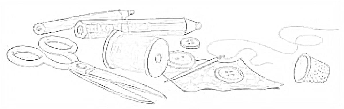 На раскраске изображено: Шитье, Ножницы, Катушка, Нитки, Пуговицы, Ткань, Наперсток, Рукоделие