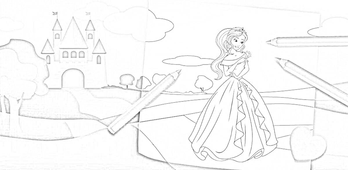 Раскраска Замок и раскраска с принцессой, карандаши, сердце