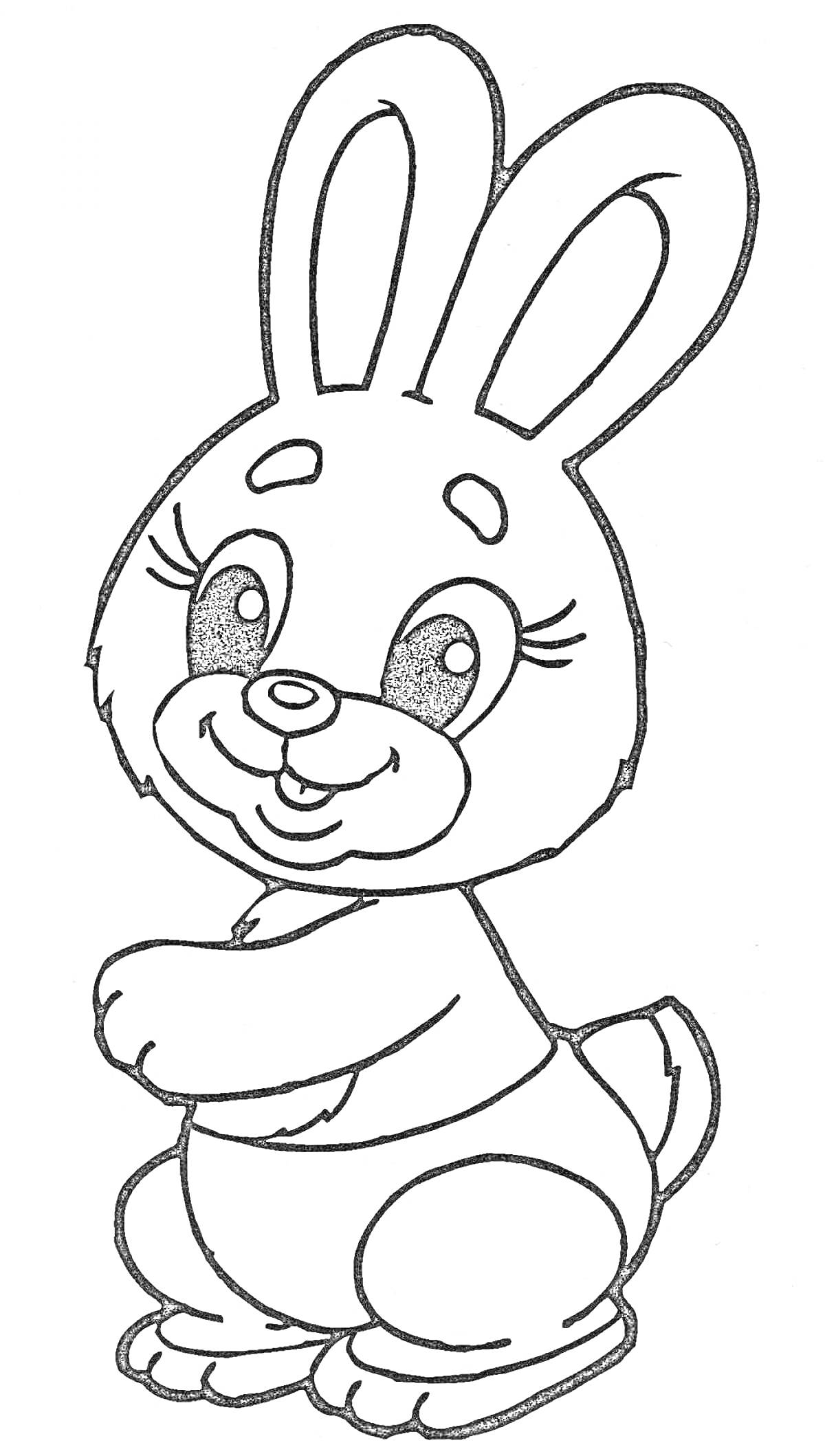 Раскраска Улыбающийся заяц с длинными ушами, сидящий на задних лапках