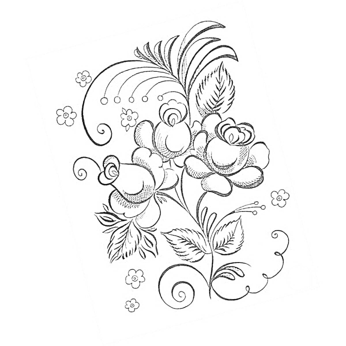Раскраска Гжельская роспись с цветами, листьями и завитками