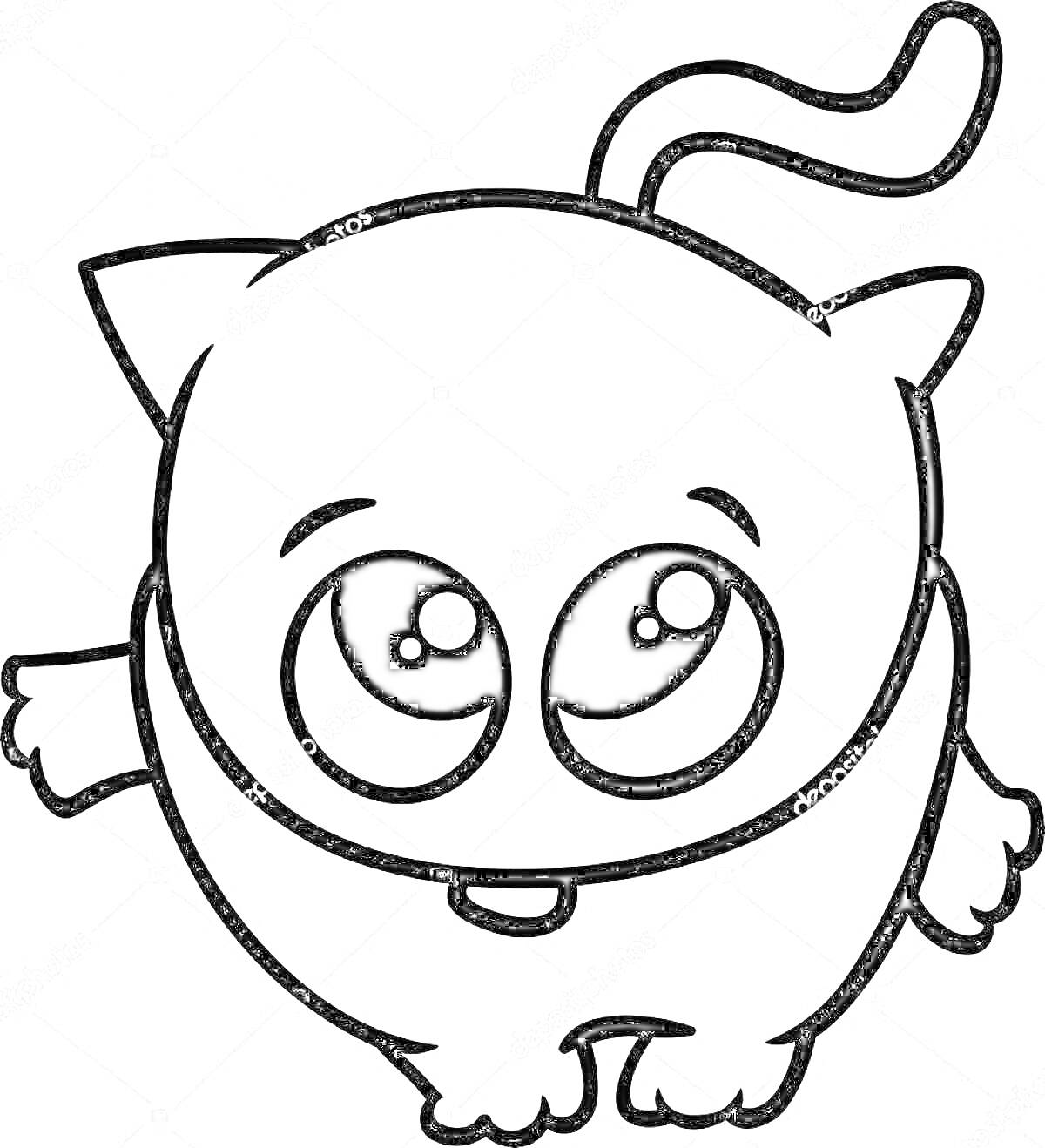 Раскраска Пухлый котик с большими глазами, выступающим языком и поднятым хвостом