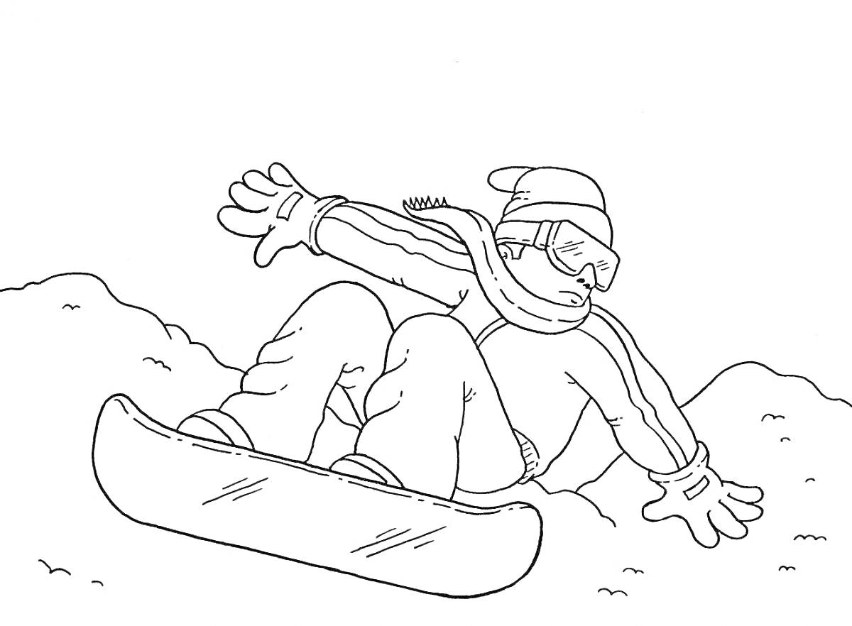 Раскраска Человек на сноуборде в зимней одежде на фоне снежных холмов