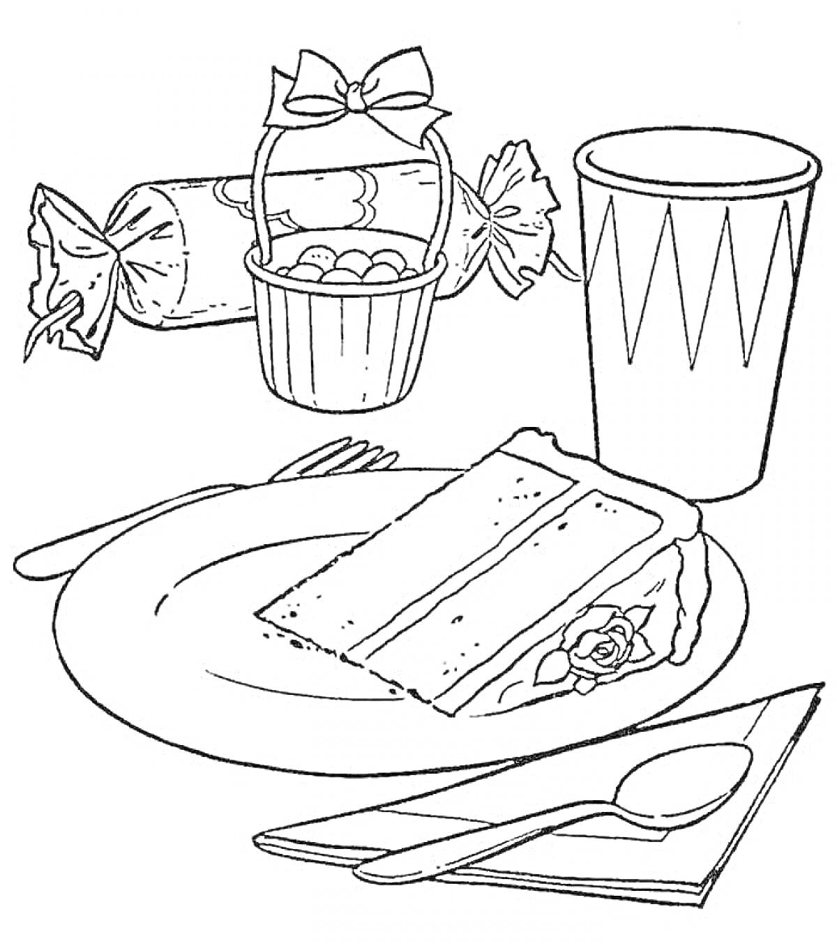 Раскраска Торт на тарелке с вилкой и ножом, бумажный стакан с узором, конфета в обертке, корзинка с конфетами, салфетка с ложкой
