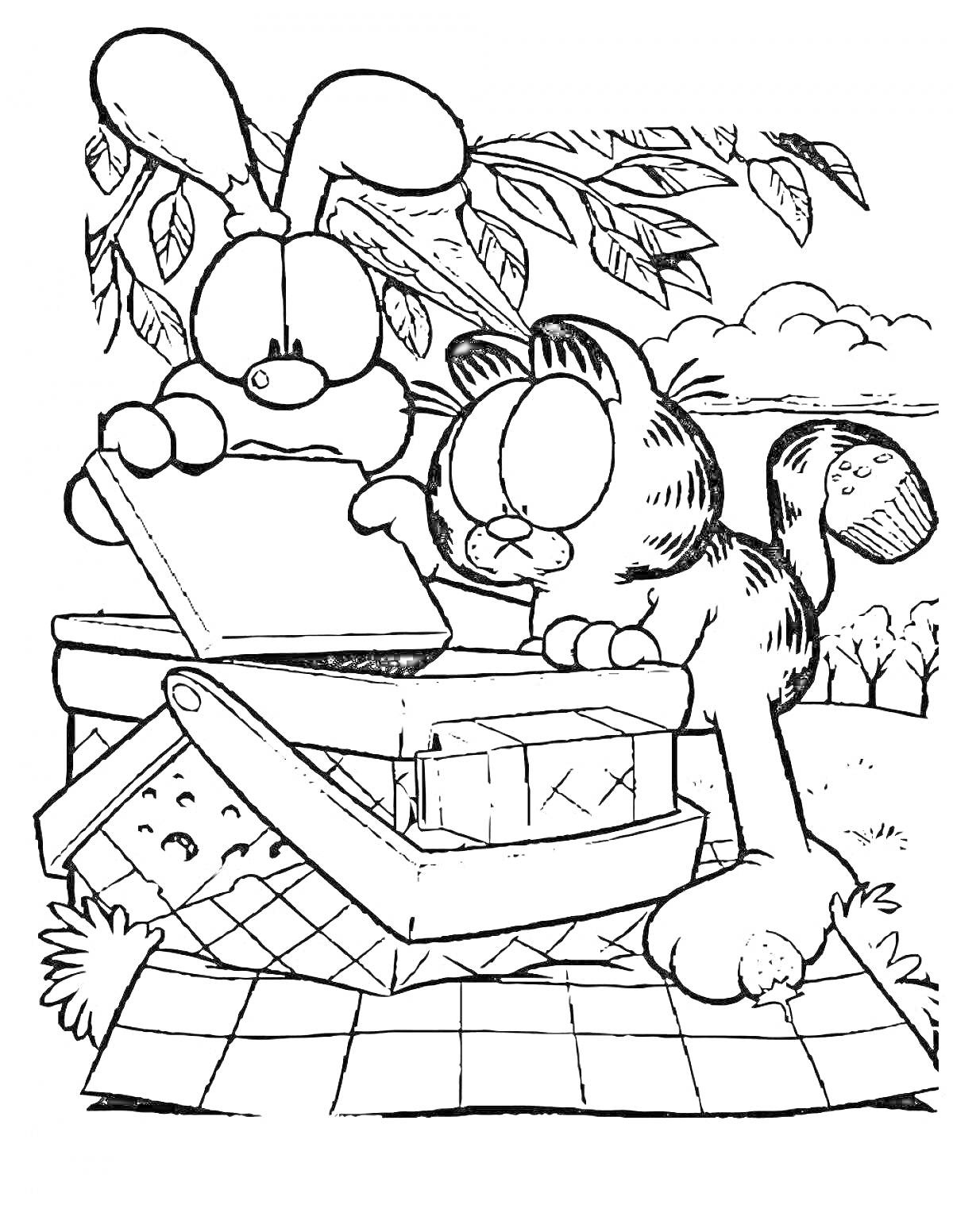 Раскраска Кролик и кот на пикнике с корзиной для пикника и едой