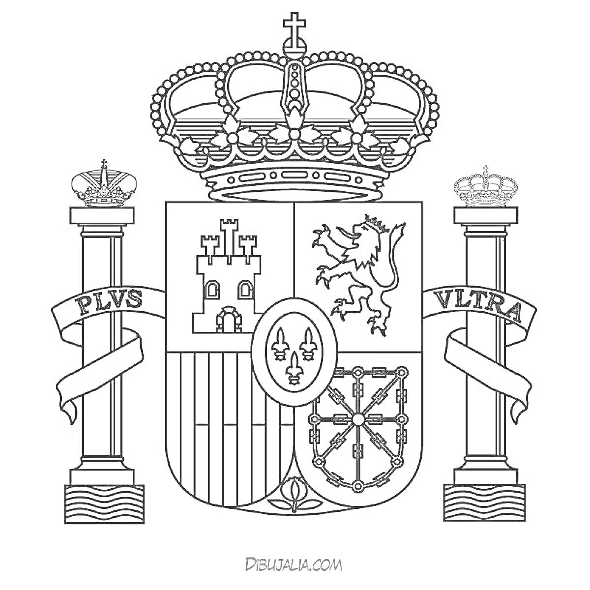 На раскраске изображено: Испания, Флаг, Корона, Колонны, Геральдика, Символы, Архитектура
