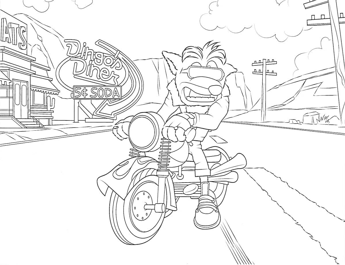 Раскраска Crash Bandicoot на мотоцикле перед Dinero's Diner