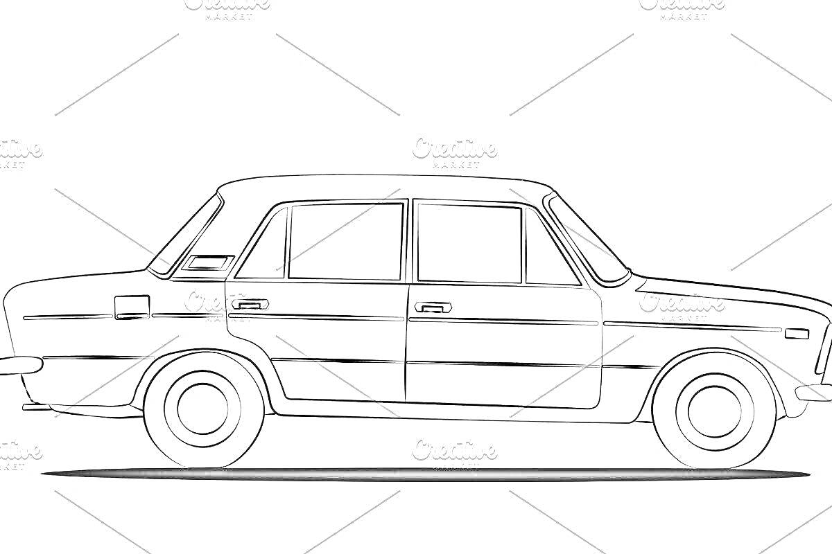 Раскраска контурная раскраска автомобиля ВАЗ 2107 с детализацией дверей, окон, колес и кузова