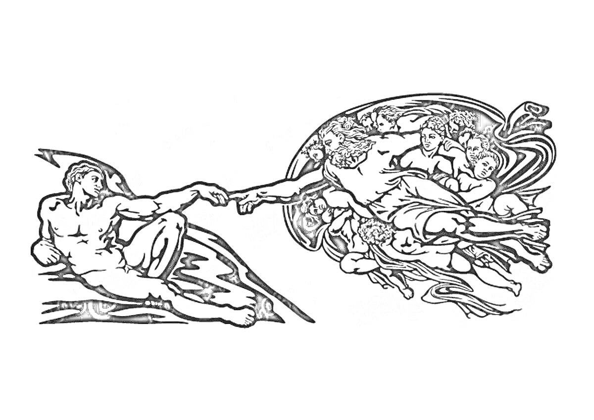 Сотворение Адама раскраска по номерам, фигура Адама слева, фигура Бога и ангелов справа, руки протянуты навстречу друг другу