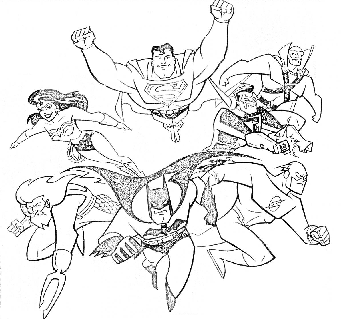 Раскраска Герои Лиги Справедливости, включая Супермена, Бэтмена, Чудо-женщину, Зелёного Фонаря, Флэша, Марсианского охотника и Аквамена, в полёте