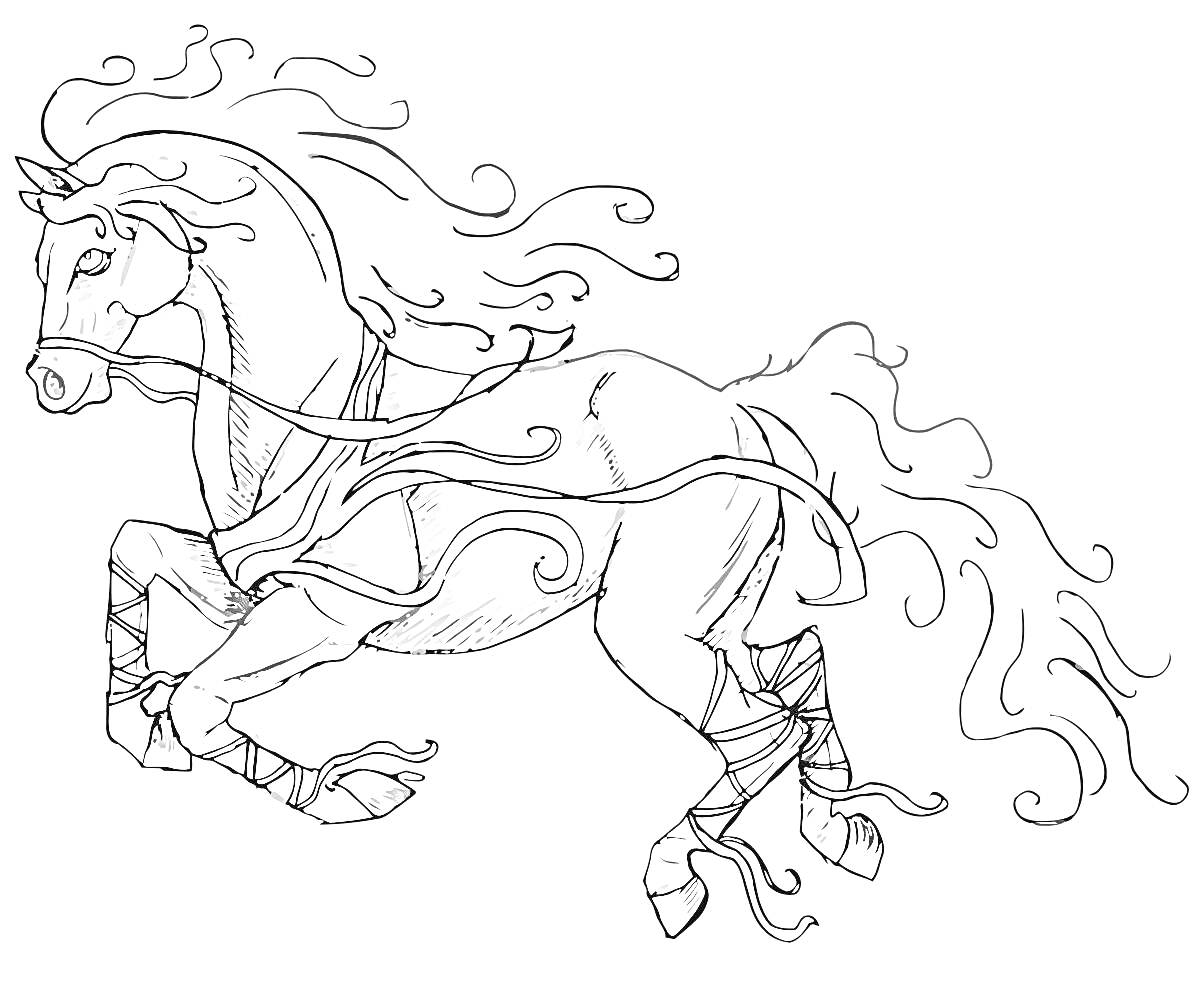 Раскраска Лошадь с развевающейся гривой и хвостом, украшенная лентами на ногах и теле