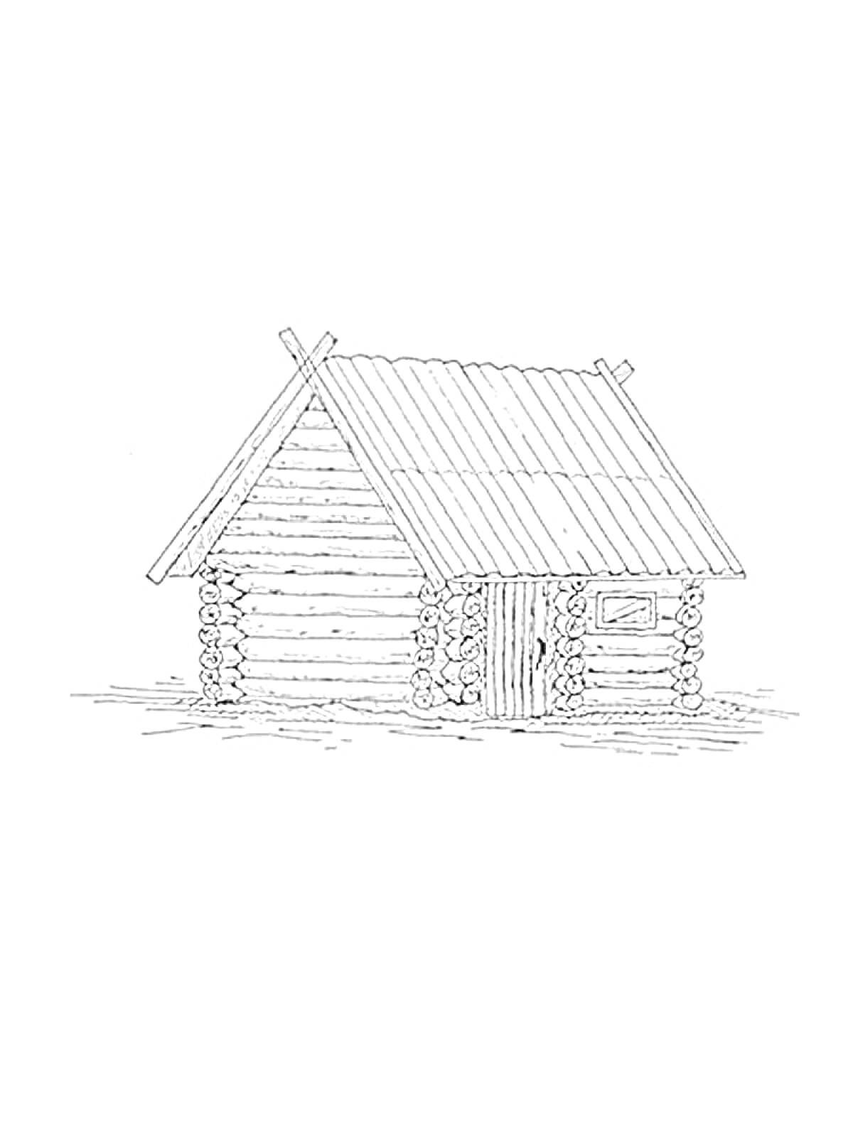 Раскраска Деревянная баня с бревенчатым срубом, наклонной крышей, дверью и окном