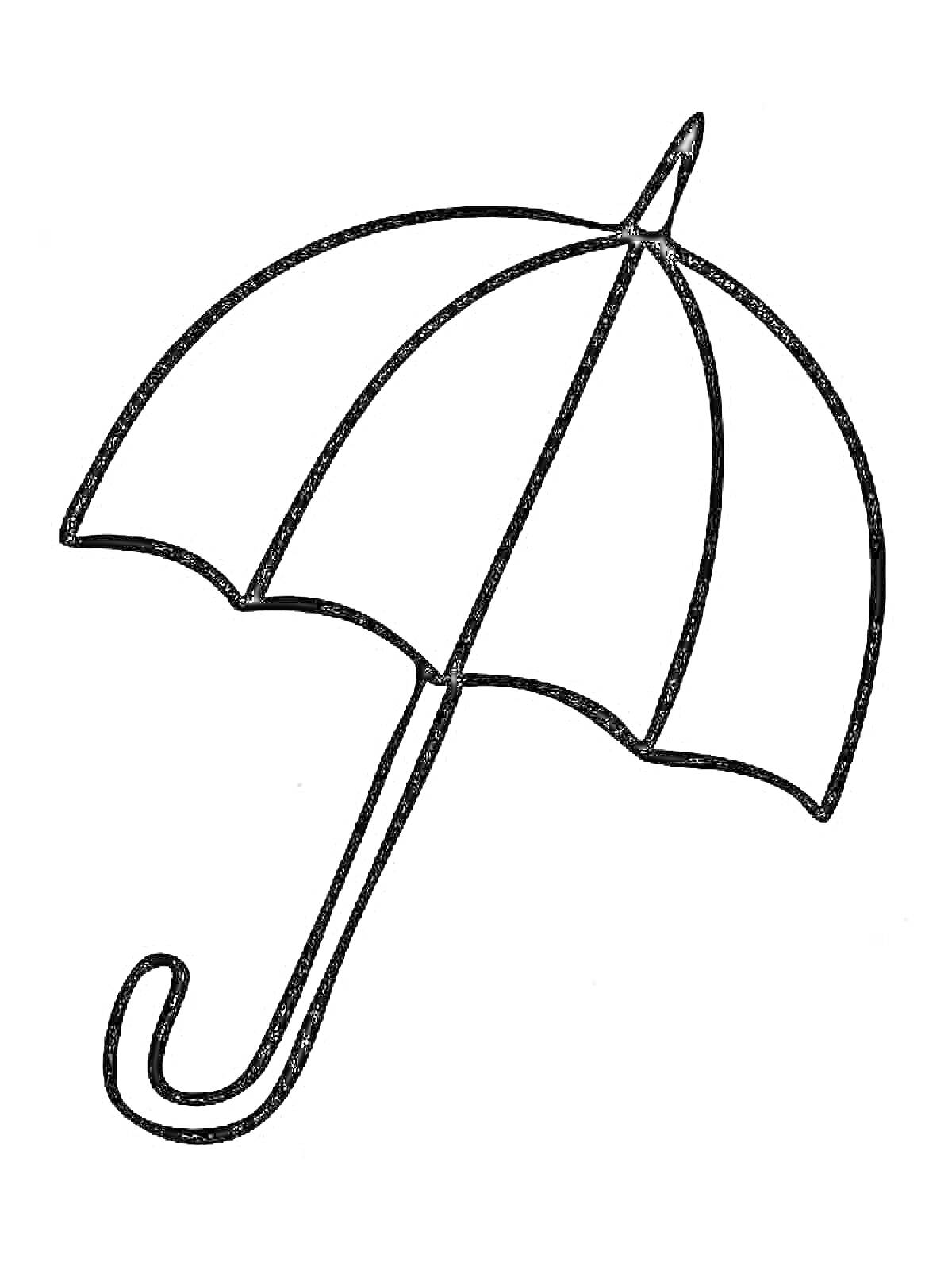 Раскраска Контур зонтика с изогнутой ручкой и восемью секциями купола